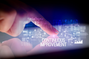 Poster - Finger touching tablet with web technology icons and CONTINUOUS IMPROVEMENT inscription
