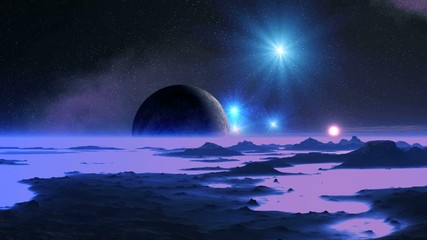 Wall Mural - Pulsating Light on an Alien Planet. In the dark sky, bright stars, nebulae and a large moon. A distant sun pulsates above the horizon, painting mountains and foggy valleys in different colors.