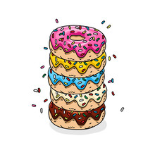 Chocolate Donut, Donut With Pink Glaze, Donuts With Lemon, Blue Mint And White Glaze And Colored Sprinkles.Vector Illustration