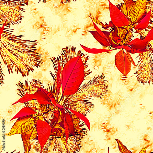 Christmas with poinsettia and fir, seamless pattern.