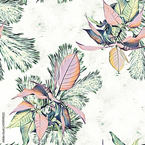 Christmas with poinsettia and fir, seamless pattern.