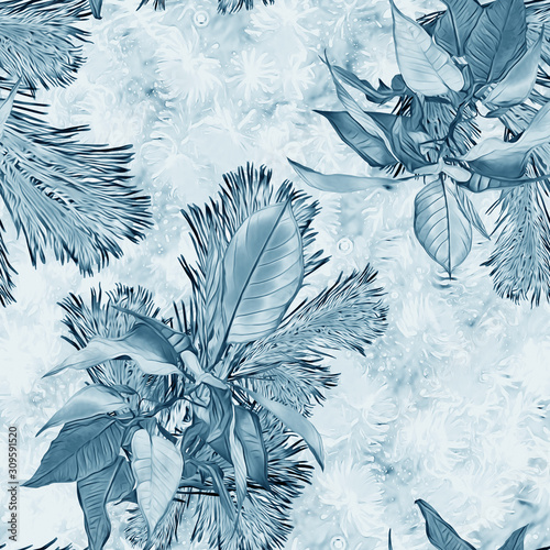 Christmas with poinsettia and fir, seamless pattern.