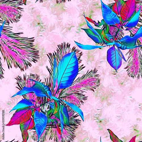 Christmas with poinsettia and fir, seamless pattern.