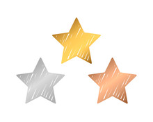 3 Winner Stars. Gold, Silver And Bronze Medals In The Style Of A Hand-drawn Outline, Brush Texture.