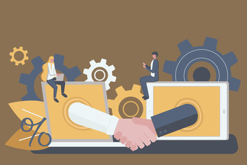 Virtual handshake between two tablets. Business backgrounds with characters ang gears. Digital contract concept. Digital signature, remote business. Flat style. Vector illustration