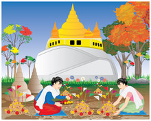 Two Woman With Sand Pagodas Vector Design