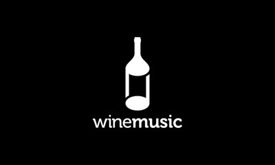 Black White wine bottle with music note logo design concept