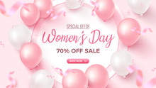 Women's Day Special Offer. 70% Off Sale Banner Design With White Frame, Pink And White Air Balloons On Rosy Background