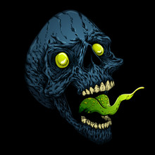 Screaming Skull Head With Tongue. Hand Drawn Vector Illustration In Graphic Style. Isolated On Black Background.