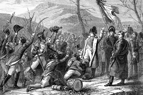 Fotomural Colonel la Bedoyere with the seventh regiment throws himself into Napoeon's arms shouting Long live to Emperor
