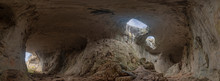 Panoramic View Of Prohodna Cave Also Known As God's Eyes Near Karlukovo Village, Bulgaria. Colorful Cave Formation With Giant Entrance. Panorama