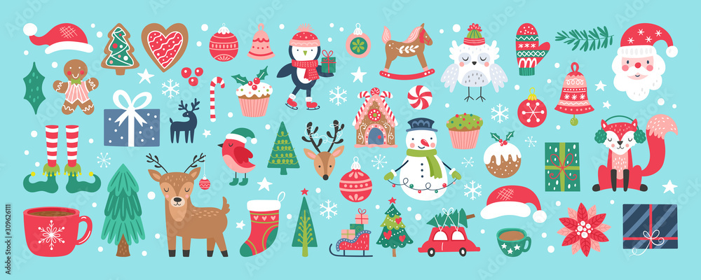 Christmas holiday cute elements set. - obrazy, fototapety, plakaty 