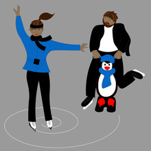 Funny Scene At The Skatingrink. Girl Is Skating Good. Man Is Skating With The Help Of Special Penguin. 