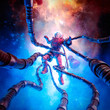 The terror beyond the stars / 3D illustration of retro pulp science fiction scene showing female astronaut captured by tentacled monster in outer space