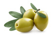 Close-up of olives with olive leaves, isolated on white