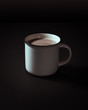 White cup of hot cocoa on black background