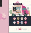 © grivina - Frozen yoghurt bar - small business graphics - landing page design template - modern flat vector concept illustration of a dessert street food truck van, seller, menu, bicycle. Range of yoghurt and