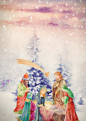 Wall Mural - Nativity scene with three wise men. Watercolor christian banner