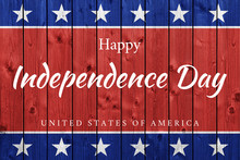 Happy 4th Of July - Independence Day Background. USA Flag Elements And Text On Wood Backdrop.