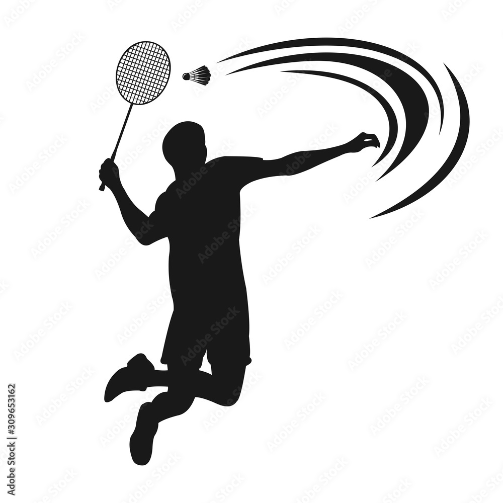 badminton logo, Badminton Player In Action Logo , Aggressive Jumping Smash - obrazy, fototapety, plakaty 