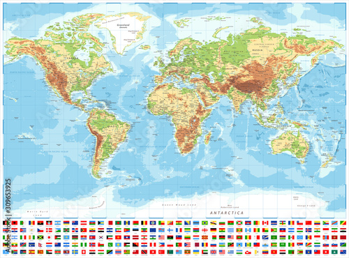 Photo World Map and Flags - Physical Topographic - Vector Detailed Illustration