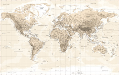  Mapa świata fizyczna - Vintage Retro stary styl - wektor Szczegółowa ilustracja