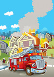 Fototapeta  - cartoon scene with fireman car vehicle near burning building - illustration for children