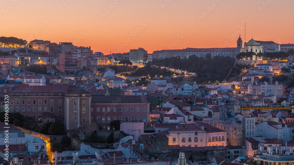 Lisbon aerial cityscape skyline night to day timelapse from viewpoint of St. Peter of Alcantara, Portugal - obrazy, fototapety, plakaty 