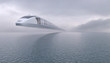 © Garan Julia - Futuristic train flies over the surface of the water on an air route. Flying transport of the future. Environmentally friendly technology. Conceptual creative illustration. Copy space. 3D rendering.