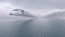 Futuristic Train Flies Over The Surface Of The Water On An Air Route. Flying Transport Of The Future. Environmentally Friendly Technology. Conceptual Creative Illustration. Copy Space. 3D Rendering.