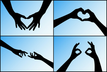 Canvas Print - set of hand silhouettes showing romantic human relationships on blue background. heart shaped hands,