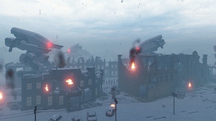 Huge military robots are shelling the destroyed post-apocalyptic city. View of the Apocalypse. 3D Rendering