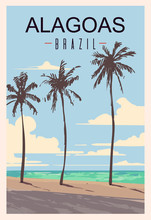 Alagoas Retro Poster. Alagoas Palm Beach Travel Illustration.