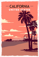 California Retro Poster. USA California Travel Illustration. United States Of America Greeting Card.