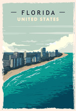 Florida Retro Poster. USA Florida Travel Illustration. United States Of America Greeting Card.
