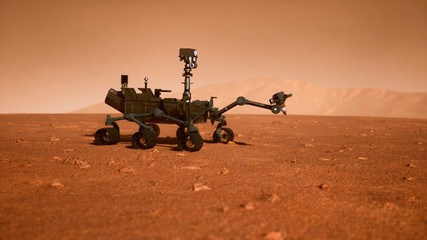 Wall Mural - a rover during a dust storm on the red planet. curiosity rover on mars. 3d rendering