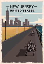 New Jersey Retro Poster. USA New Jersey Travel Illustration. United States Of America Greeting Card.