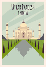 Uttar Pradesh Retro Poster. Uttar Pradesh Taj Mahal Travel Illustration. States Of India