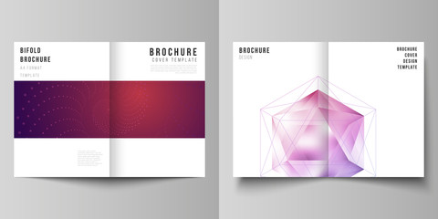 Vector layout of two A4 format modern cover mockups design templates for bifold brochure, flyer, booklet. 3d polygonal geometric modern design abstract background. Science or technology vector.