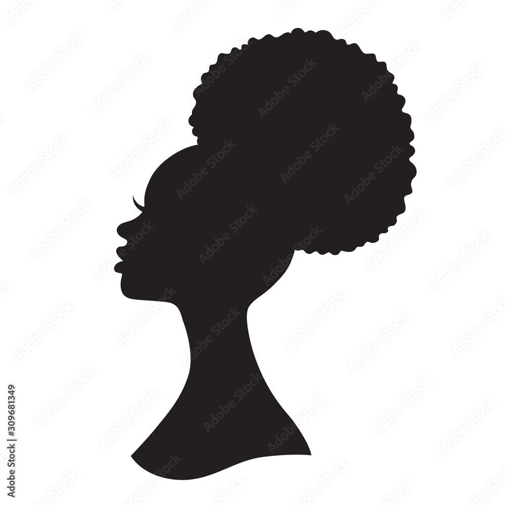 Black woman with puff drawstring ponytail silhouette. Vector illustration of African American woman profile with afro ponytail hairstyle. - obrazy, fototapety, plakaty 