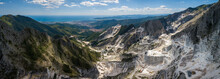 Carrara Mountains. Quarry - The Place Where Michealangelo Sourced The Marble For David,  Massa-Carrara Tuscany Italy - High Resolution Panoramic Image