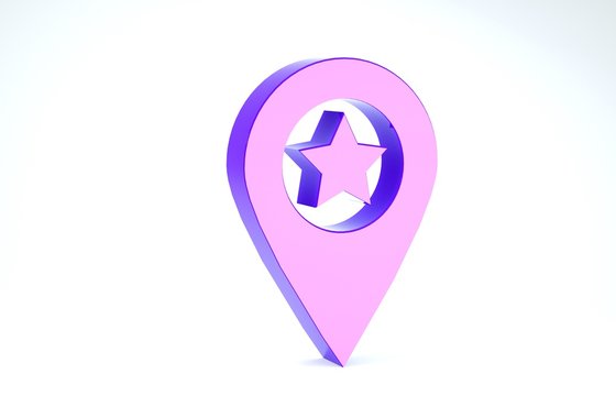 Purple Map pointer with star icon isolated on white background. Star favorite pin map icon. Map markers. 3d illustration 3D render
