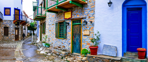 Sticker - Typical streets of old traditional villages of Greece - Alonissos island, Chora village. Sporades