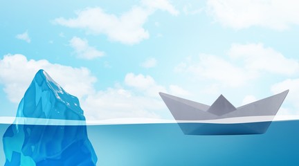 Paper boat almost hitting iceberg - 3d rendering