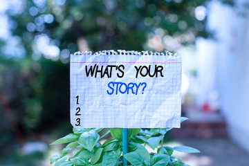 Poster - Handwriting text What S Your Story Question. Conceptual photo asking demonstrating about his past life actions events Plain empty paper attached to a stick and placed in the green leafy plants