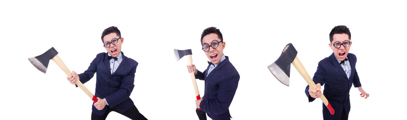 Wall Mural - Funny man with axe on white