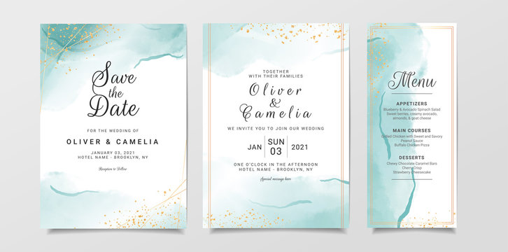 blue watercolor wedding invitation card template set with gold glitter and line decoration. abstract