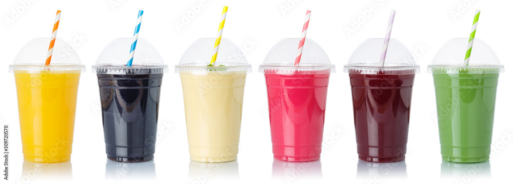 Set of fruit smoothies fruits orange juice straw drink in cups isolated on white - obrazy, fototapety, plakaty 