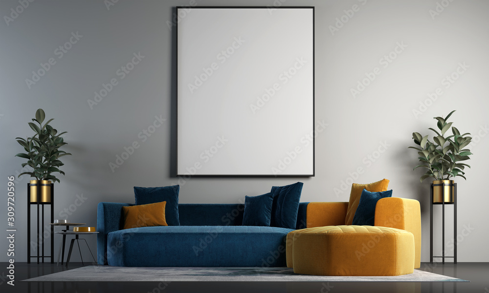 Modern interior design of living room and concrete wall and picture frame texture background  - obrazy, fototapety, plakaty 