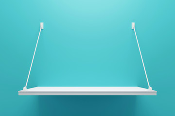Poster - Modern hanging shelf display with minimal style on light blue background. Blank product shelves panel. 3D rendering.